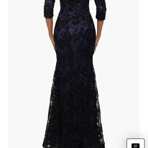 Xscape Black and Blue Lace Long Sleeve Dress